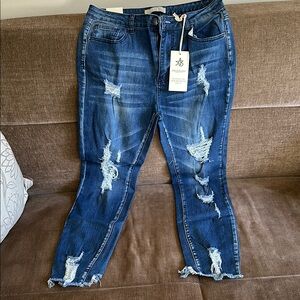 American Bazi Blue Skinny Jeans with Distressing and Frayed Hem